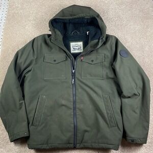 Levis Mens Hooded Softshell Sherpa Lined Jacket Olive Green Size Large